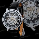 Relogio Black Leather Banda Skeleton Dial relógio de pulso