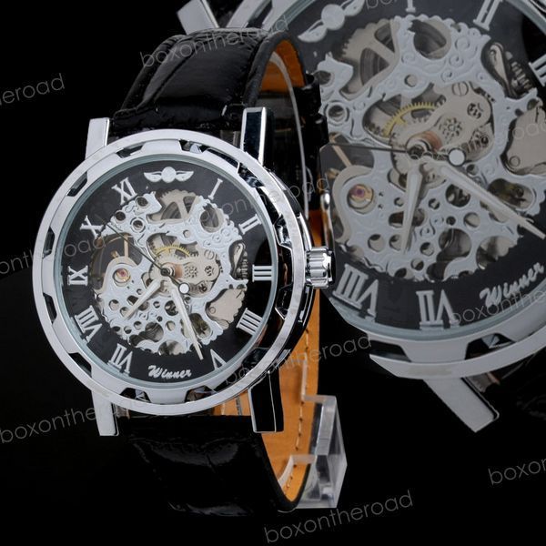 Relogio Black Leather Banda Skeleton Dial relógio de pulso